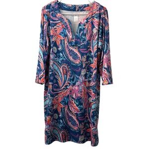 Stella Parker Collection Blue Paisley Floral Split Neck Shift Dress Womens Large